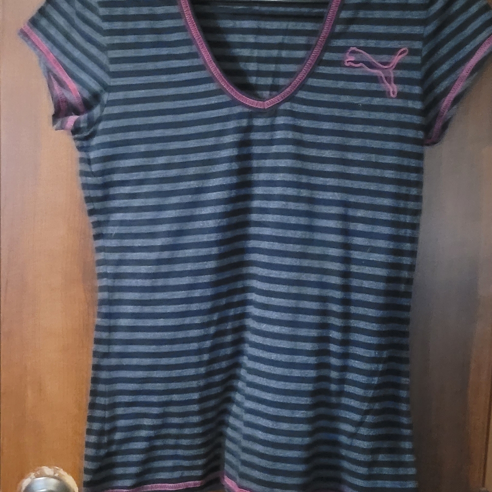 Puma Black and Pink Striped V-Neck Tee